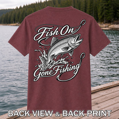 Fish On Gone Fishing Jumping Trout Graphic T-Shirt | Back Print