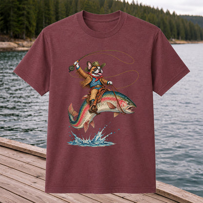 Cowboy French Bulldog Riding a Rainbow Trout Fishing T-Shirt