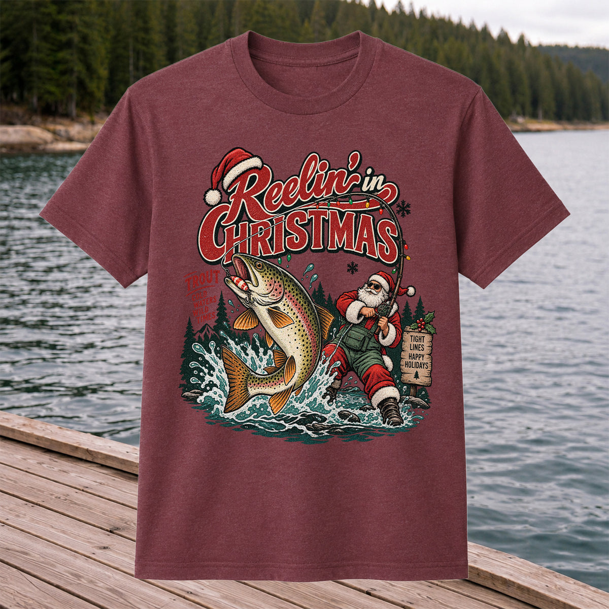 Reelin' in Christmas Santa and Rainbow Trout Fishing T-Shirt