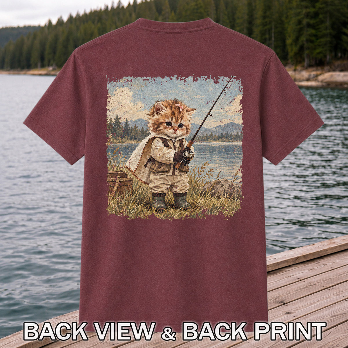 Vintage Kitten Fishing by the Lake Cute Cat Graphic T-Shirt | Back Print