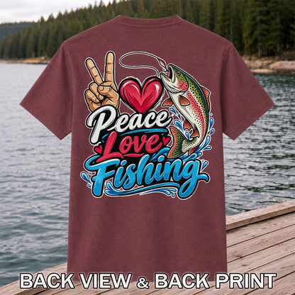 Peace Love Fishing Rainbow Trout and Heart Graphic T-Shirt | Back Print