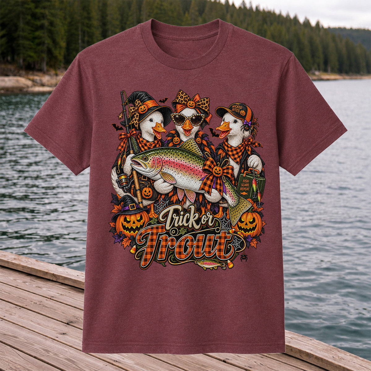 Trick or Trout Halloween Ducks with Rainbow Trout and Pumpkins Fishing T-Shirt