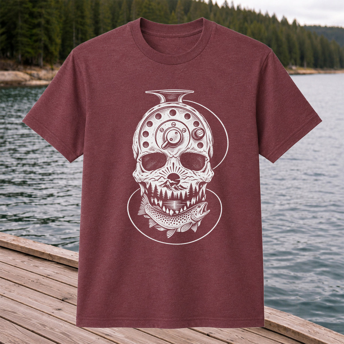 Trout and Fly Fishing Reel Skull Mountain Graphic T-Shirt