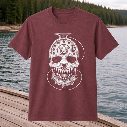 Trout and Fly Fishing Reel Skull Mountain Graphic T-Shirt