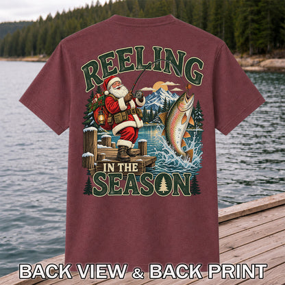 Reeling in the Season Santa Fishing for Rainbow Trout Christmas T-Shirt | Back Print