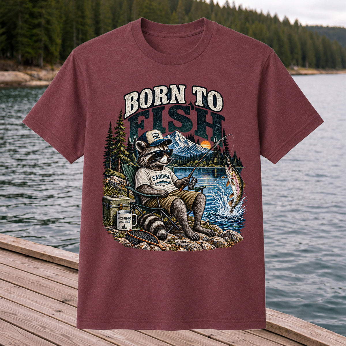 Born to Fish Raccoon in Sunglasses Lake Fishing T-Shirt