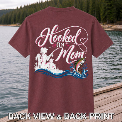 Hooked on Mom Rainbow Trout Family Fishing T-Shirt | Back Print