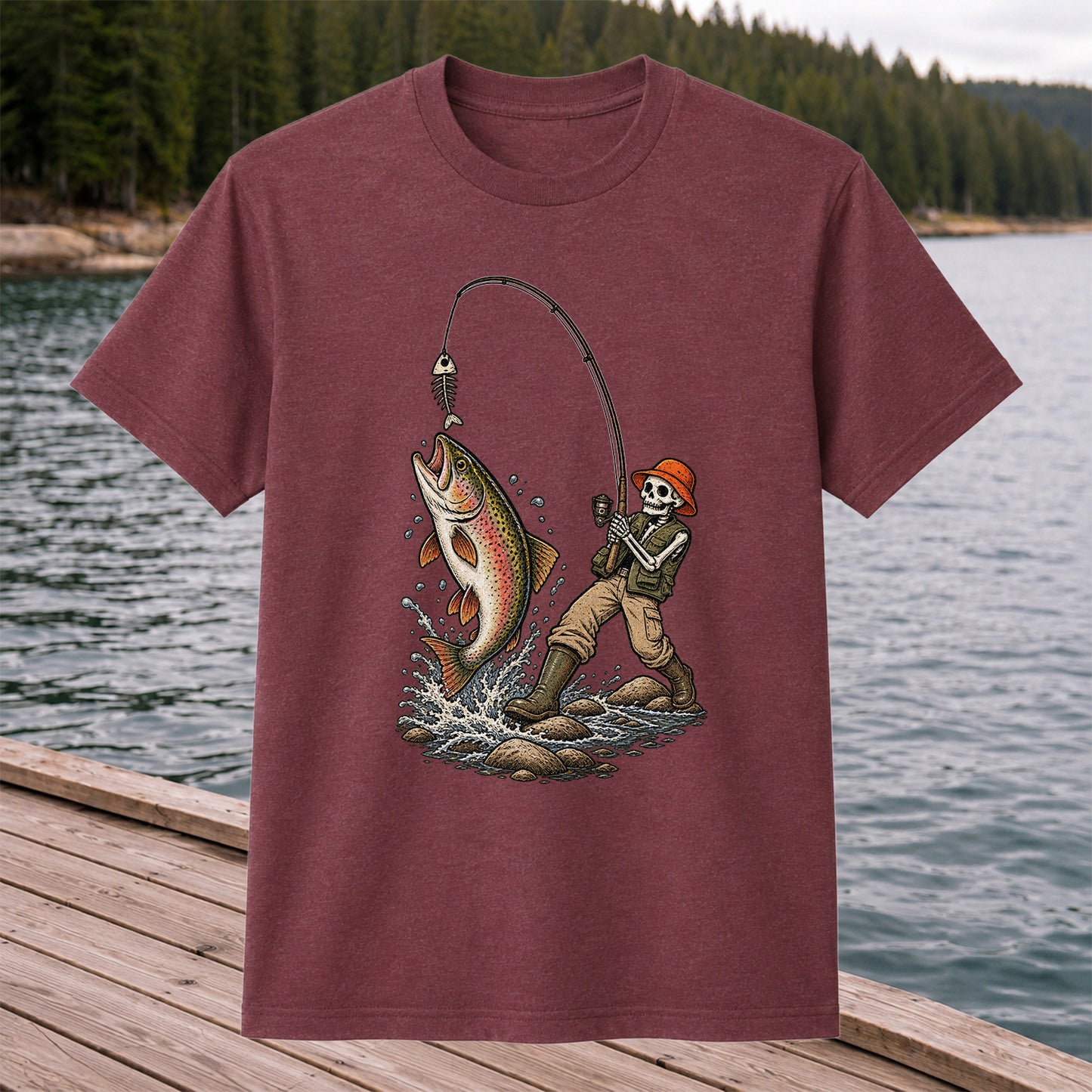 Skeleton Angler Catching Trout Dark Humor Fishing T-Shirt
