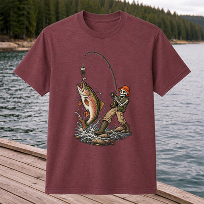 Skeleton Angler Catching Trout Dark Humor Fishing T-Shirt