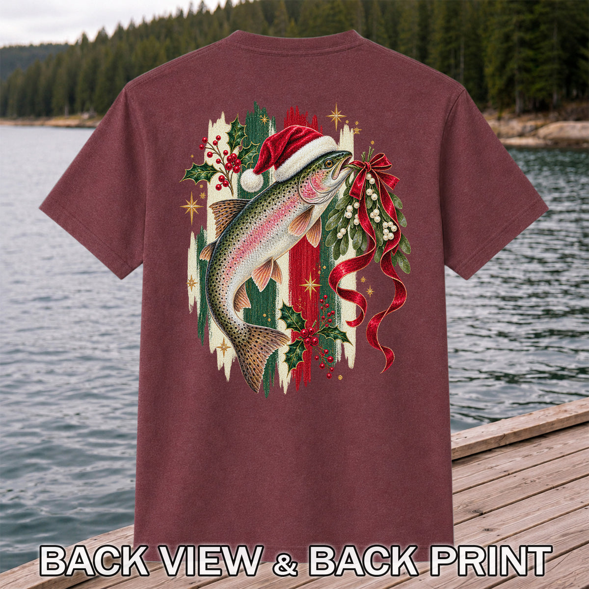 Christmas Santa Hat Rainbow Trout Fishing Graphic T-Shirt | Back Print
