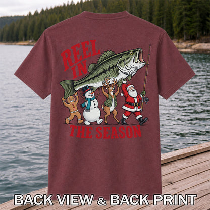 Reel in the Season Bass Christmas Fishing Graphic T-Shirt | Back Print