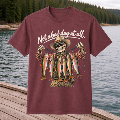 Not a Bad Day at All Skeleton Cowboy Rainbow Trout Fishing T-Shirt