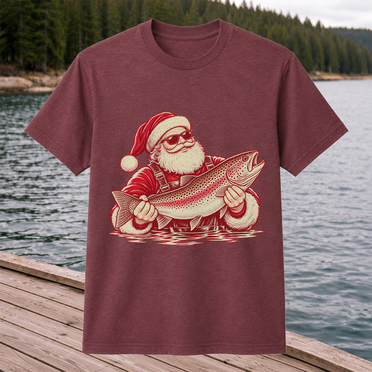 Santa Holding Trout Christmas Fishing Graphic T-Shirt
