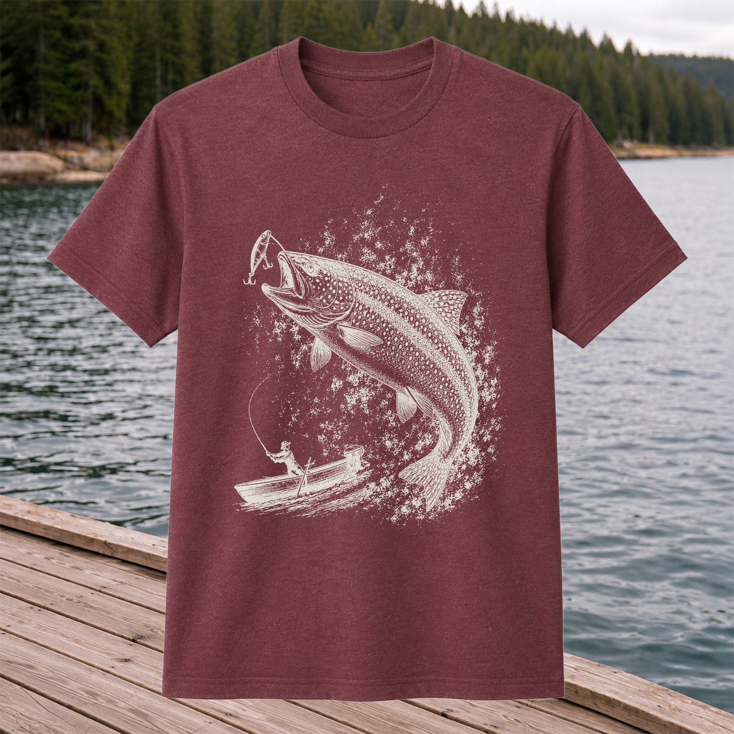 Leaping Trout Striking Lure from Fishing Boat Graphic T-Shirt