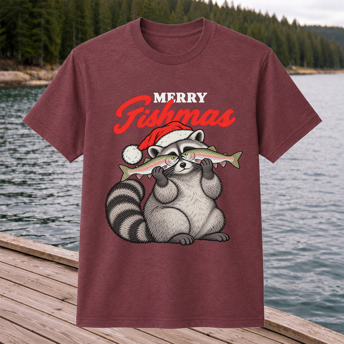 Santa Raccoon Holding Fish Christmas Fishing Graphic T-Shirt