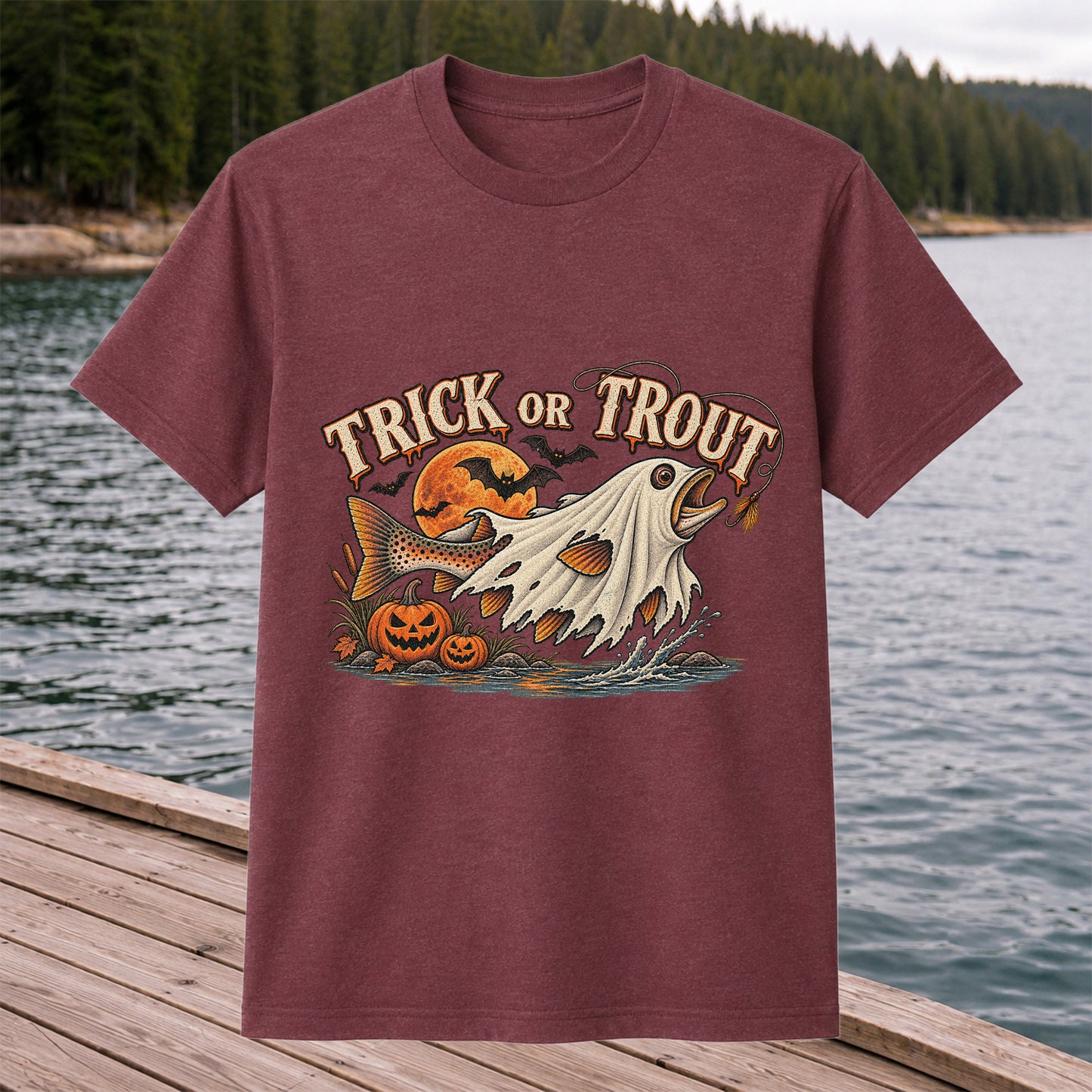 Trick or Trout Ghost Fish Halloween Fishing T-Shirt