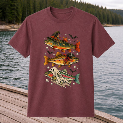 Halloween Trout Trio Witch Pirate and Ghost Fishing T-Shirt