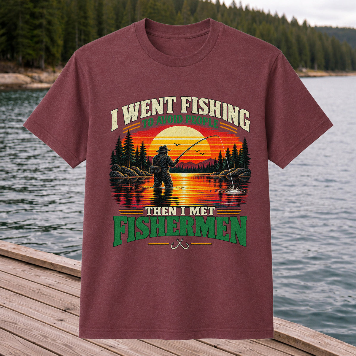 Sunset Fisherman Fishing Humor Graphic T-Shirt