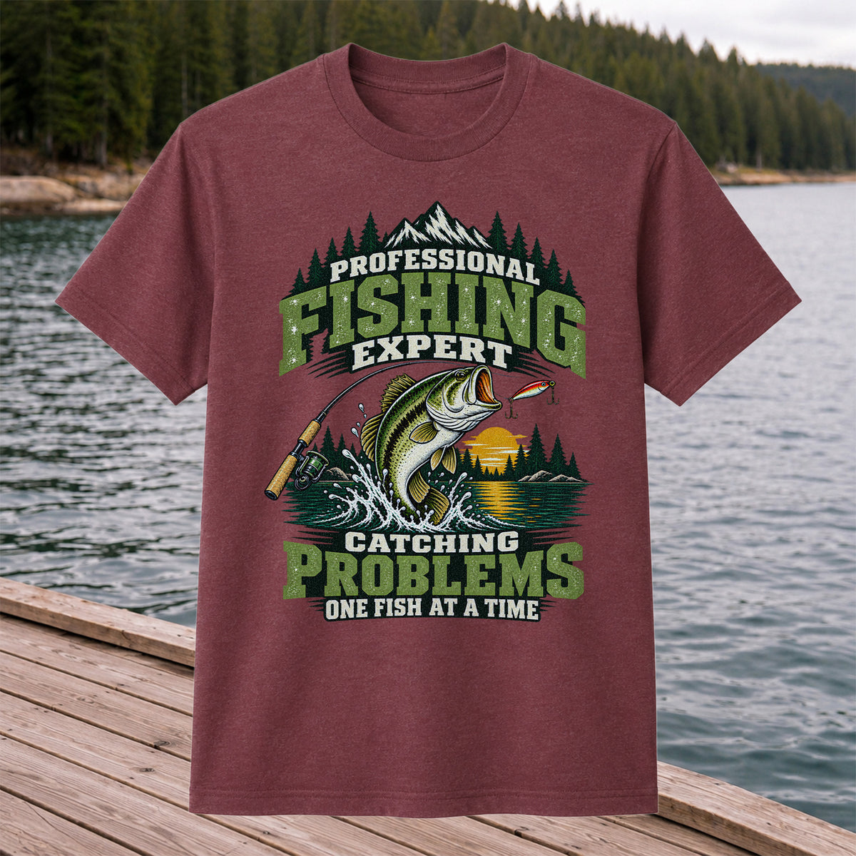 Professional Fishing Expert Catching Problems One Fish at a Time Bass T-Shirt