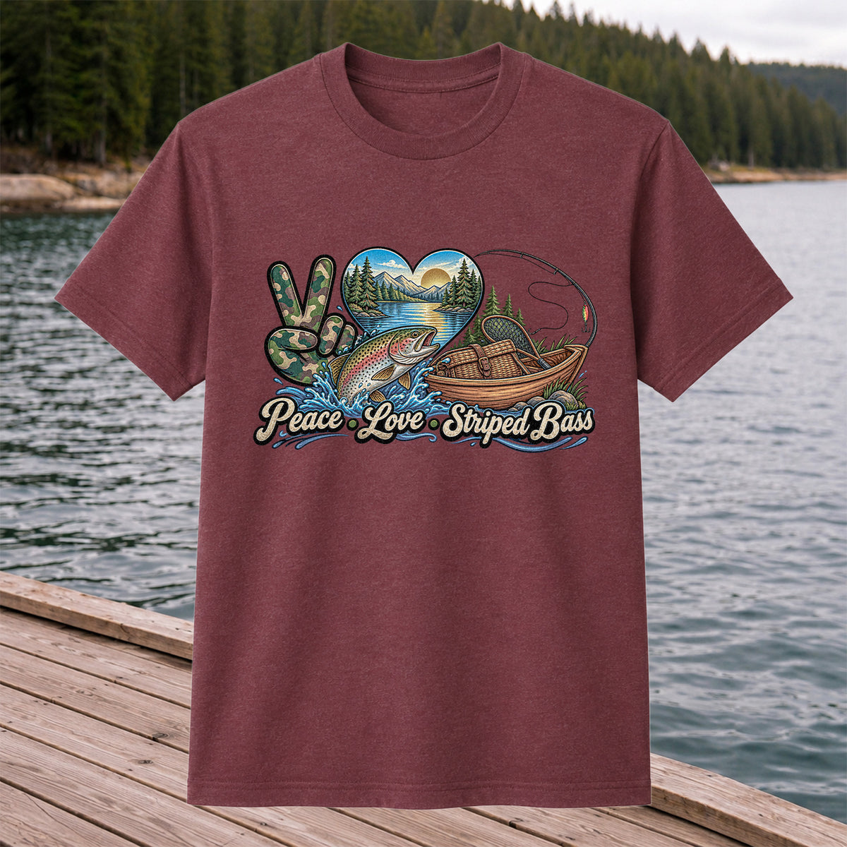 Peace Love Striped Bass Lake and Boat Fishing Graphic T-Shirt