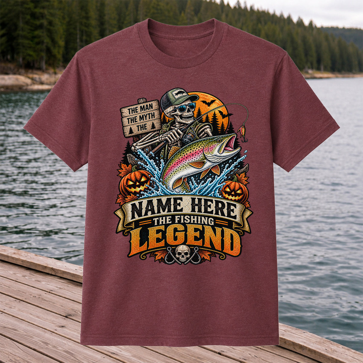 The Man The Myth The Fishing Legend Name Here Halloween Skeleton Rainbow Trout T-Shirt