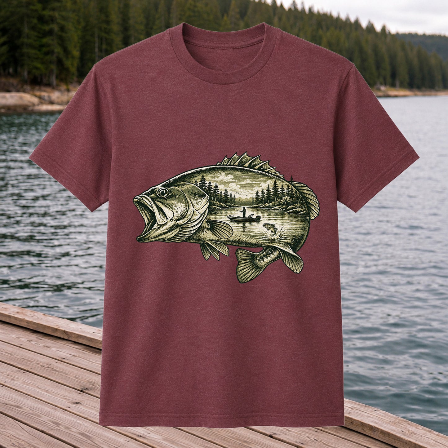 Vintage Bass Lake Fishing Scene Graphic T-Shirt