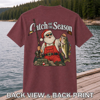 Catch of the Season Santa Bass Fishing Christmas T-Shirt | Back Print