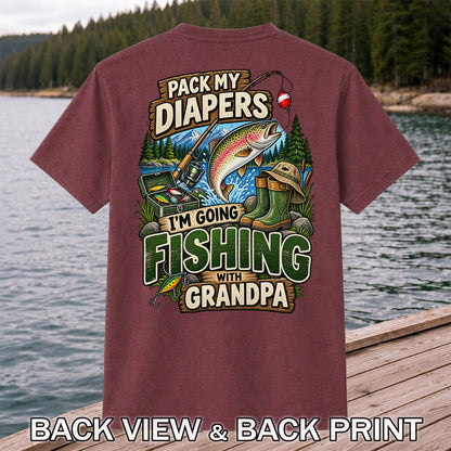 Pack My Diapers I'm Going Fishing With Grandpa Rainbow Trout T-Shirt | Back Print