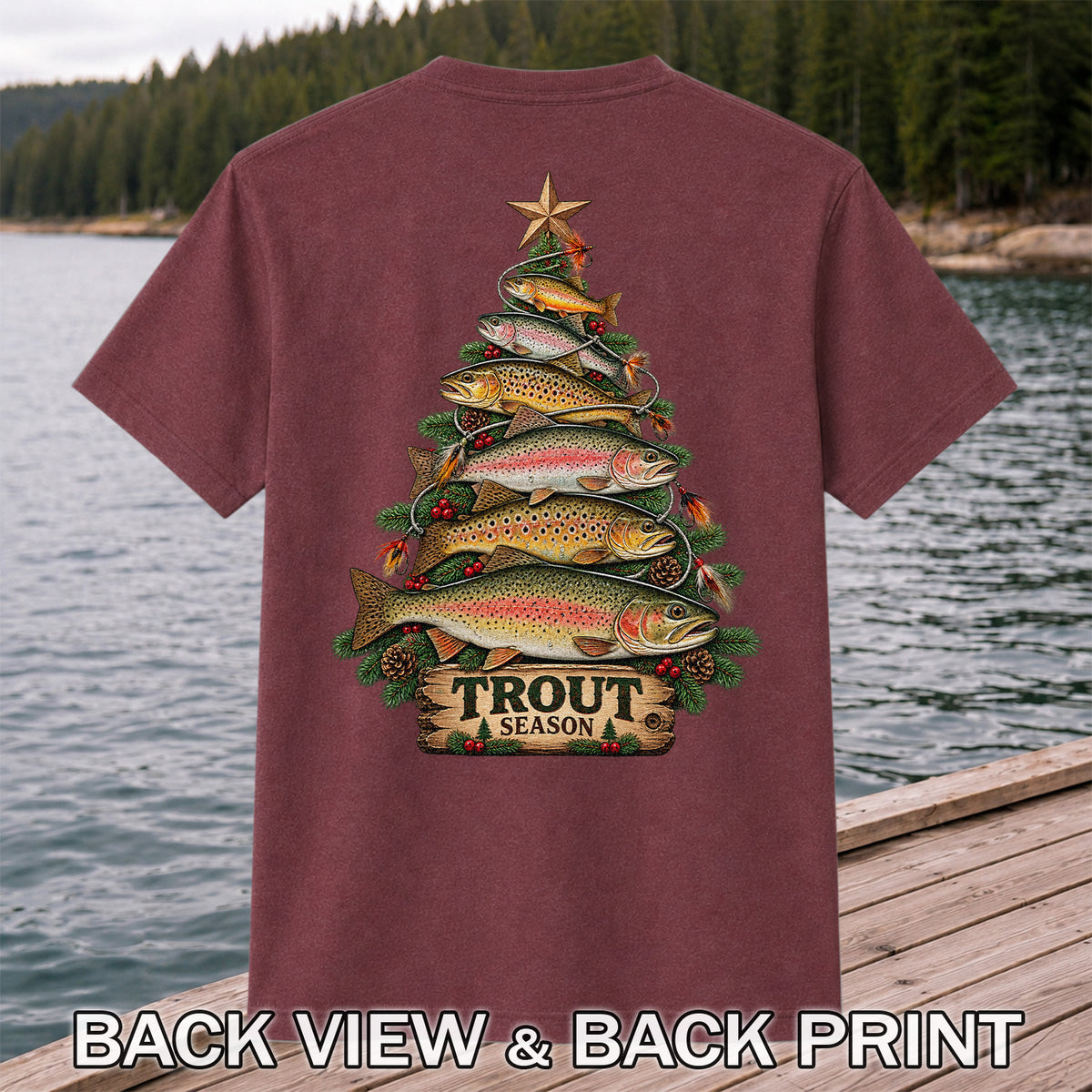 Trout Season Fish Christmas Tree Fishing T-Shirt | Back Print
