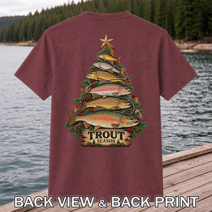 Trout Season Fish Christmas Tree Fishing T-Shirt | Back Print