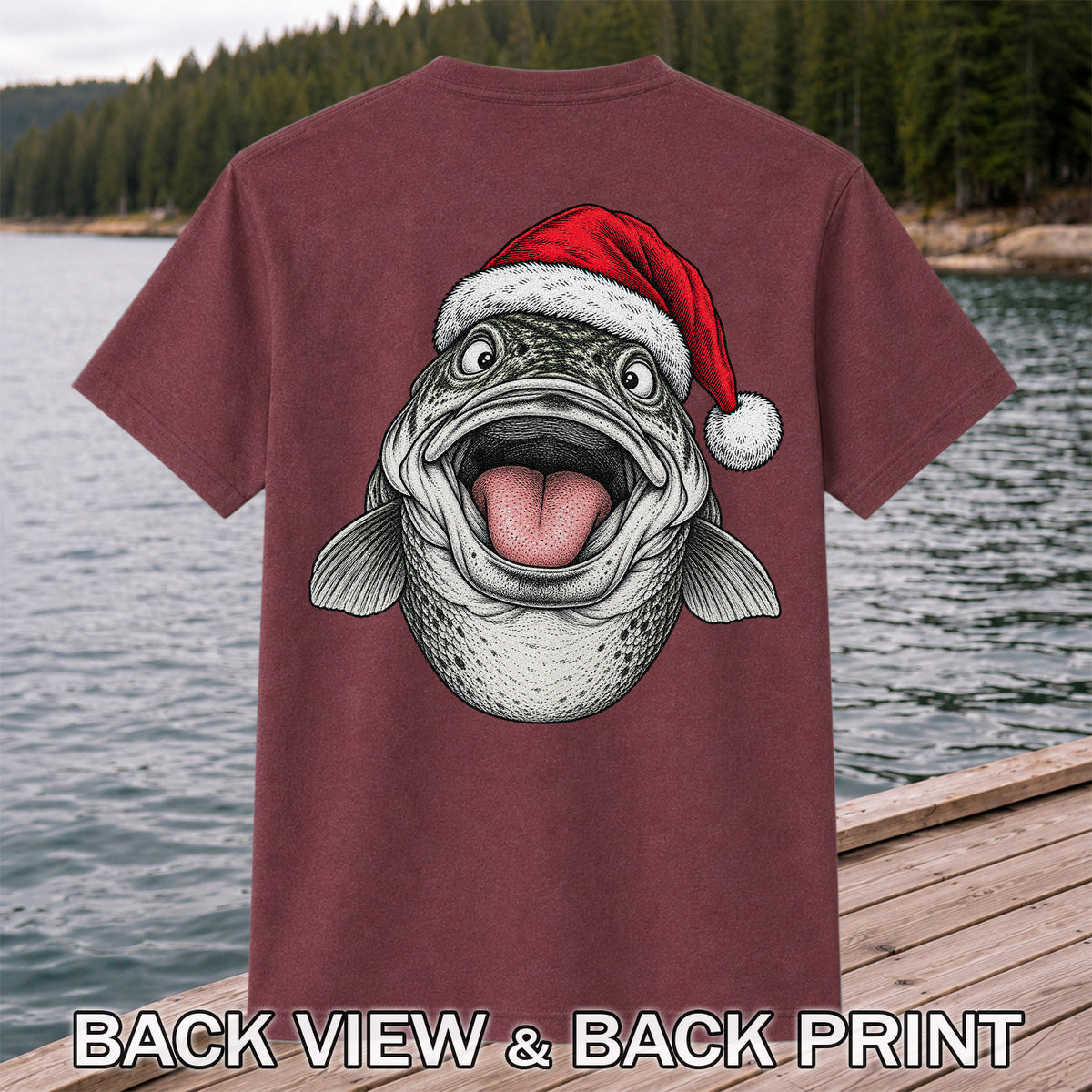 Funny Santa Hat Trout Christmas Fishing Graphic T-Shirt | Back Print