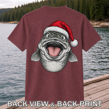Funny Santa Hat Trout Christmas Fishing Graphic T-Shirt | Back Print