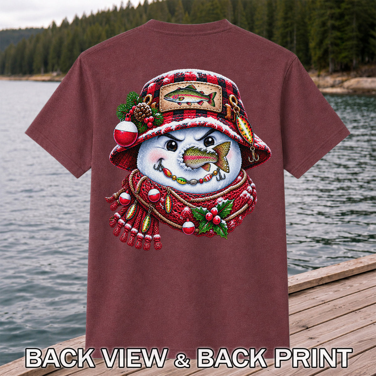 Christmas Snowman Trout Fishing Graphic T-Shirt | Back Print