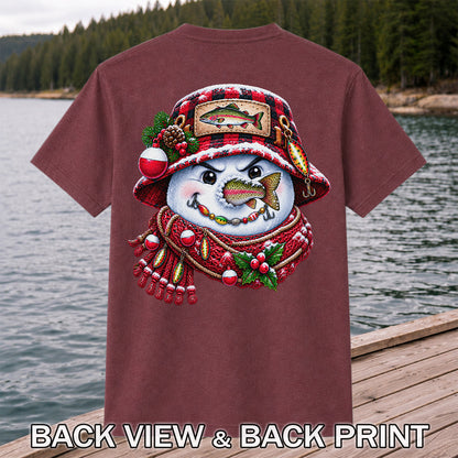 Christmas Snowman Trout Fishing Graphic T-Shirt | Back Print