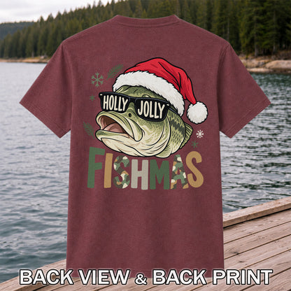 Bass Wearing Santa Hat and Holiday Glasses Fishing Graphic T-Shirt | Back Print