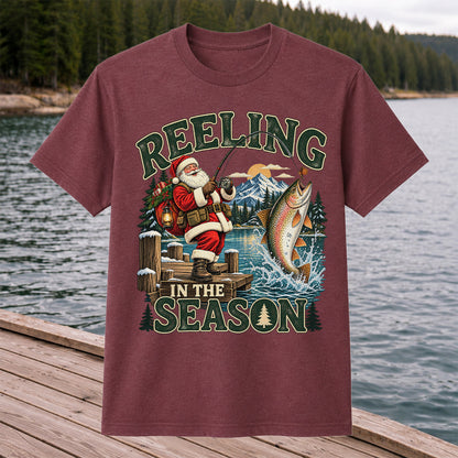 Reeling in the Season Santa Fishing for Rainbow Trout Christmas T-Shirt