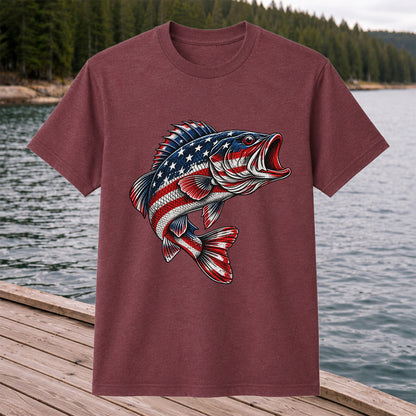 American Flag Largemouth Bass Patriotic Fishing Graphic T-Shirt