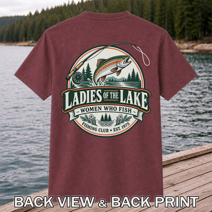 Ladies of the Lake Women Who Fish Rainbow Trout Fishing T-Shirt | Back Print