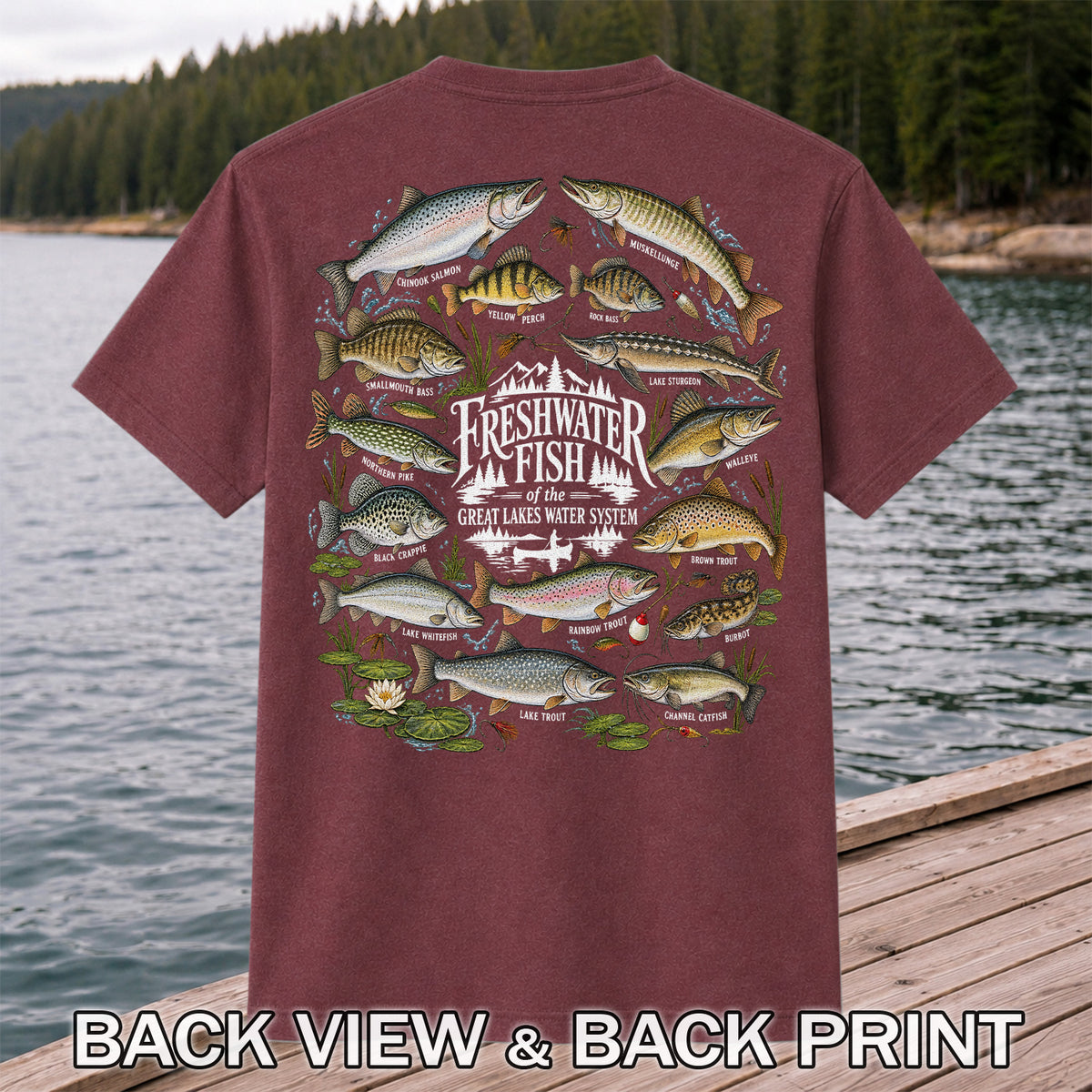 Freshwater Fish of the Great Lakes Water System Graphic T-Shirt | Back Print
