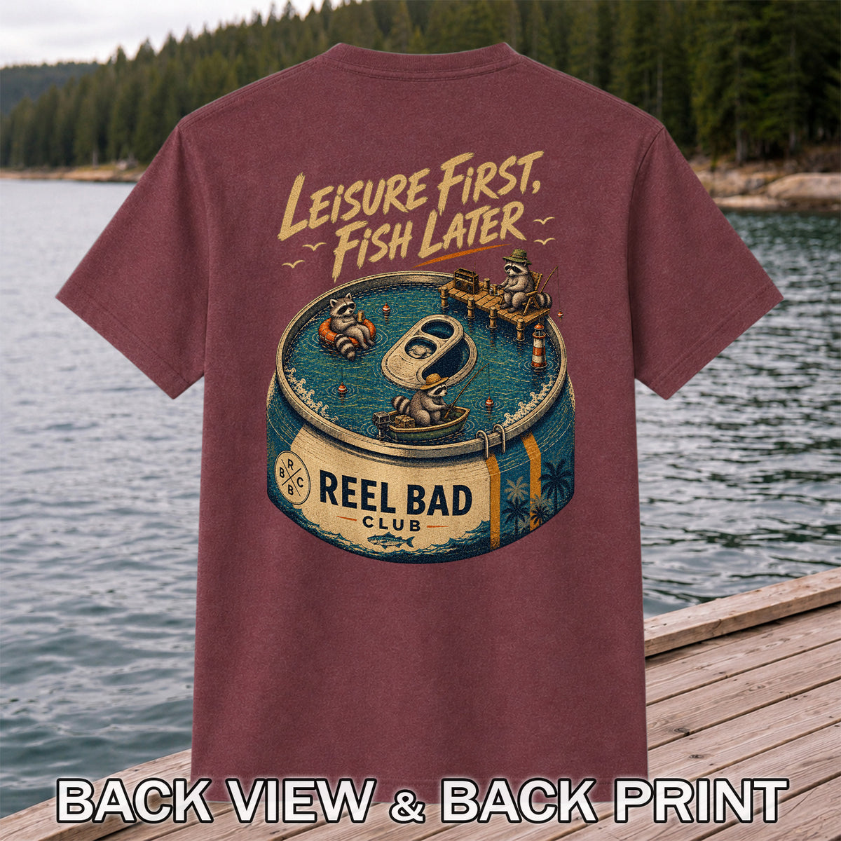 Raccoon Fishing Can Leisure Graphic T-Shirt | Back Print