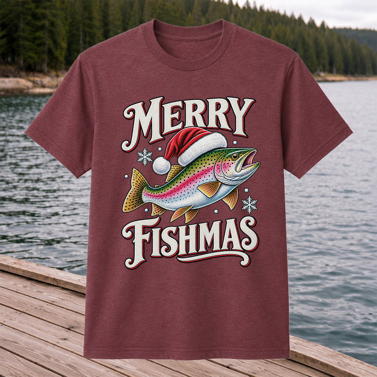 Merry Fishmas Rainbow Trout in a Santa Hat Christmas Fishing T-Shirt