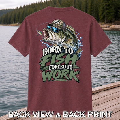 Born to Fish Forced to Work Bass Graphic T-Shirt | Back Print