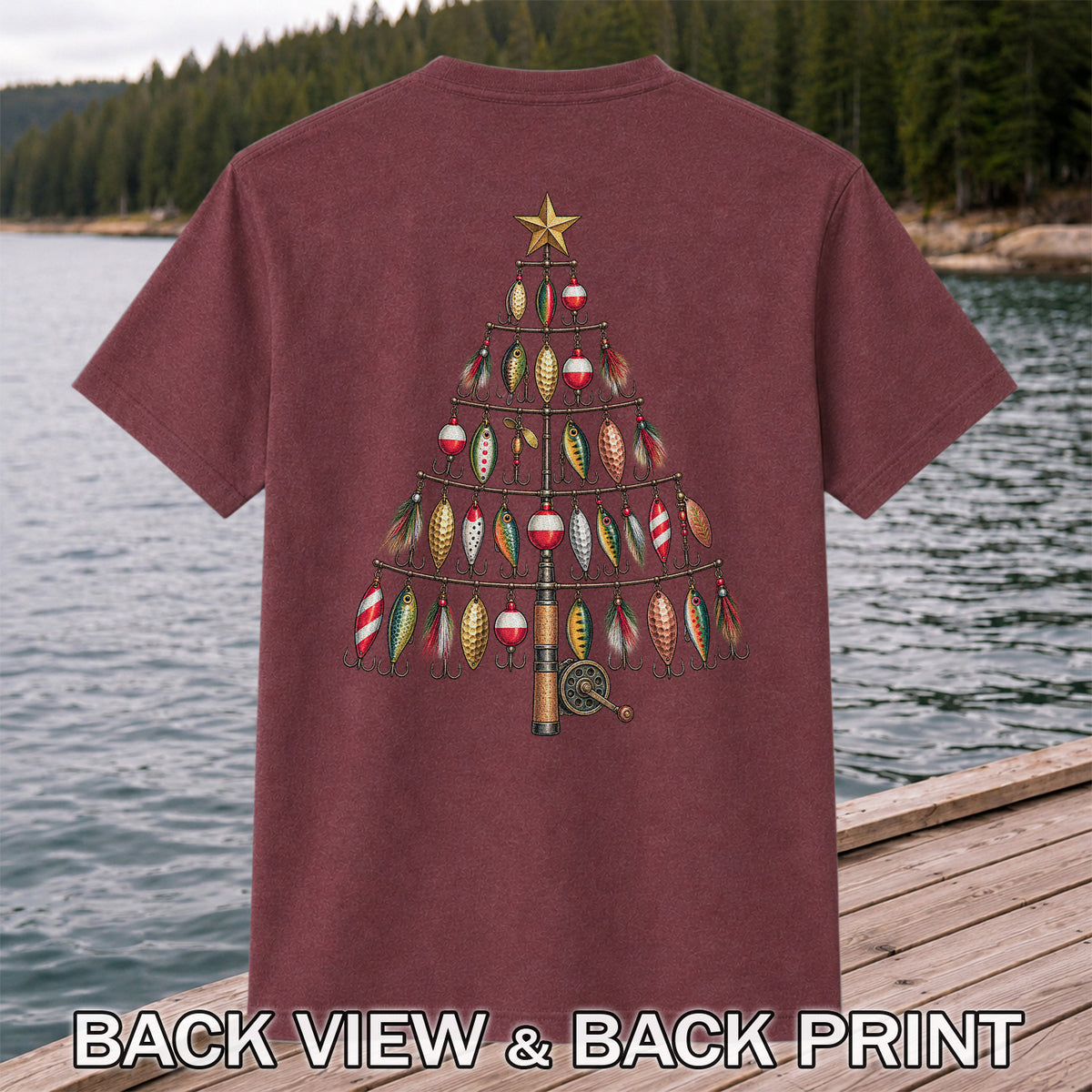 Fishing Lure Christmas Tree with Rod and Reel Graphic T-Shirt | Back Print