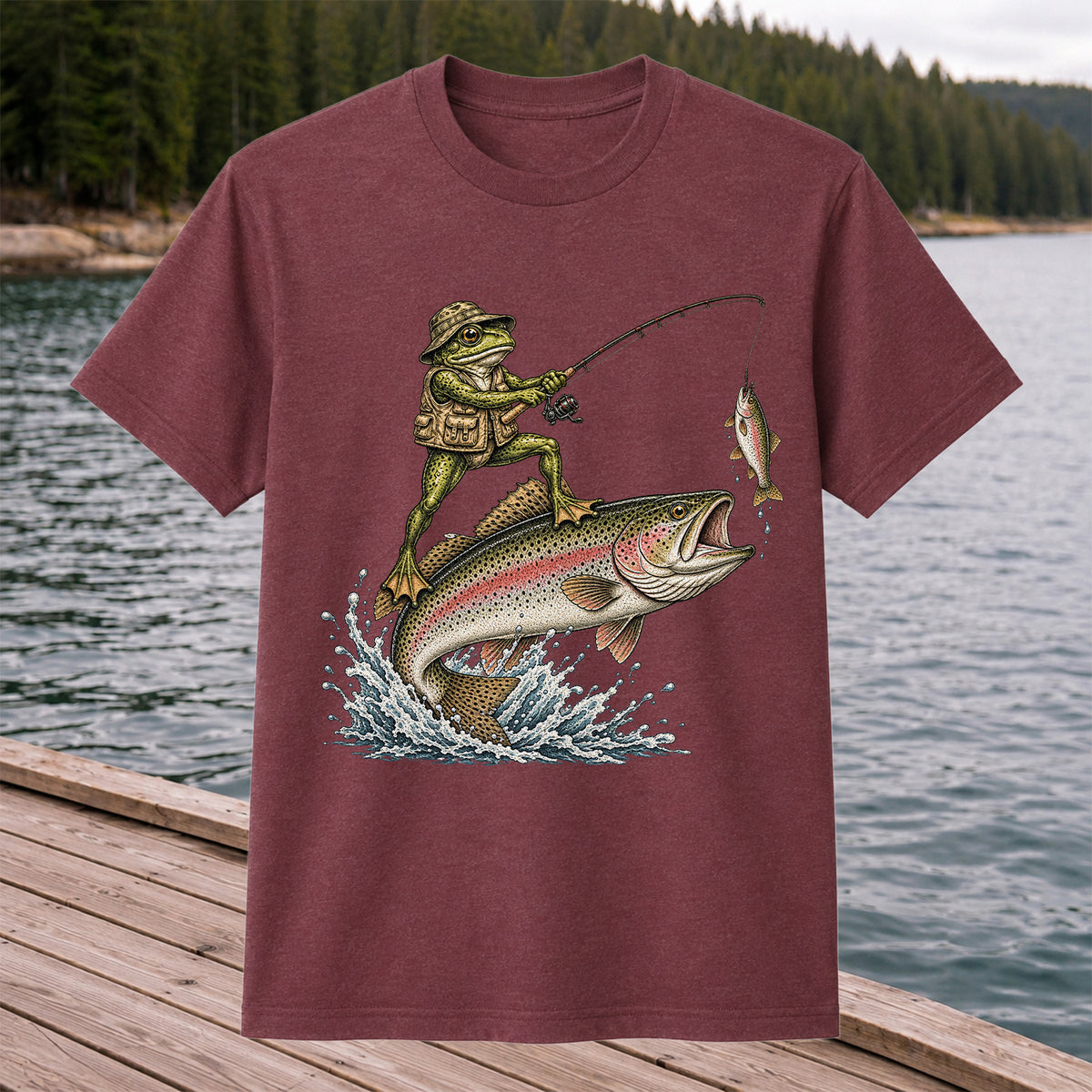 Frog Angler Riding a Rainbow Trout Fishing Graphic T-Shirt