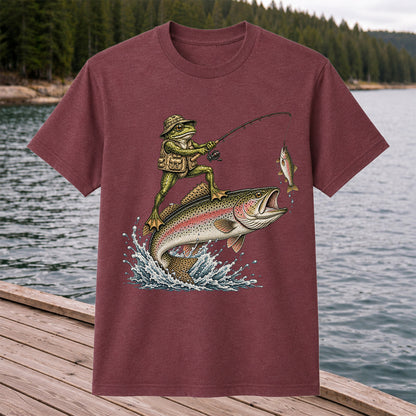 Frog Angler Riding a Rainbow Trout Fishing Graphic T-Shirt