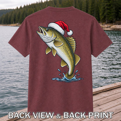 Santa Hat Walleye Christmas Fishing Graphic T-Shirt | Back Print