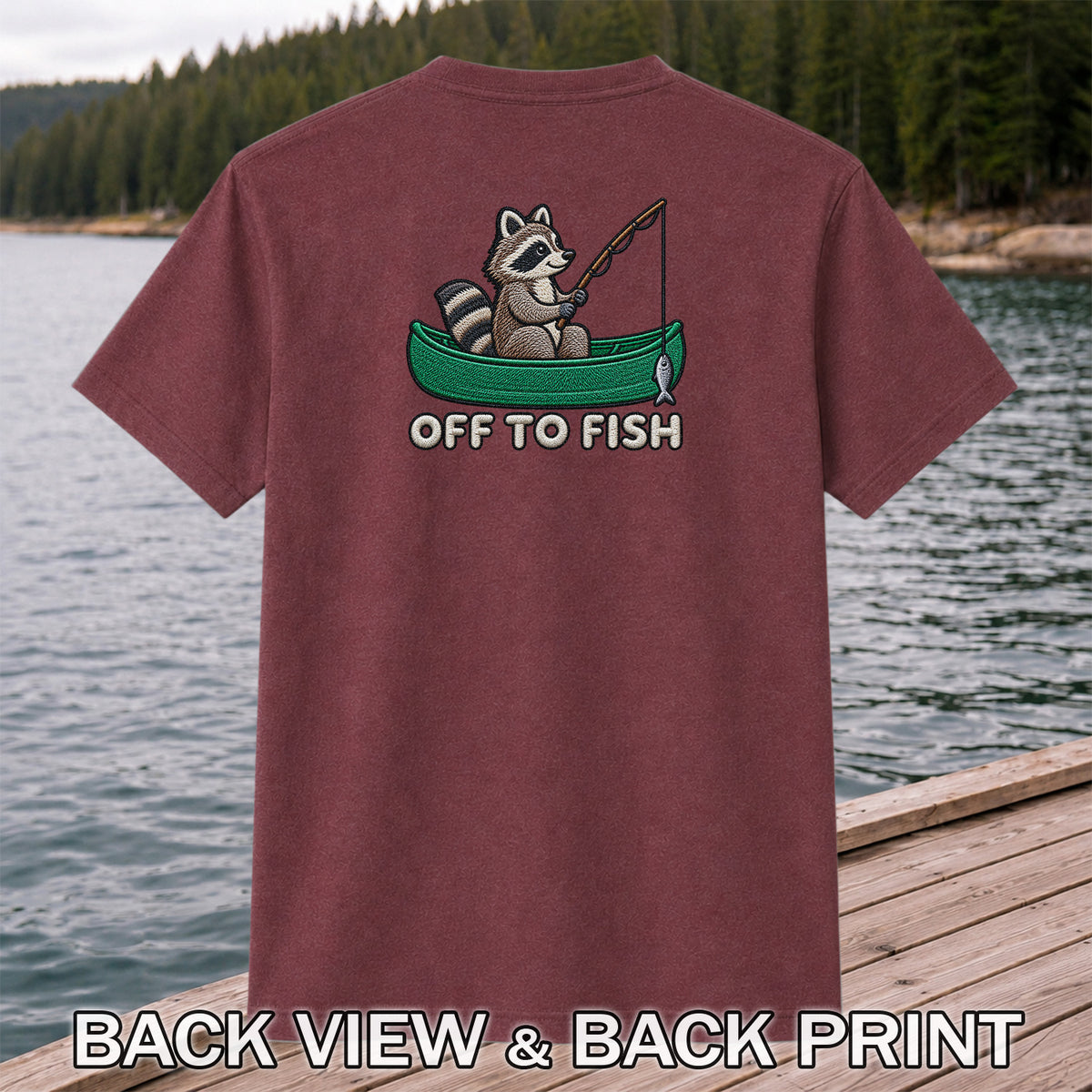 Off to Fish Raccoon in a Canoe Funny Fishing Graphic T-Shirt | Back Print