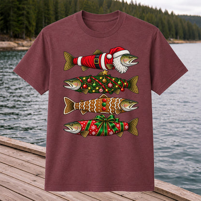 Festive Christmas Trout Santa and Gingerbread Fishing T-Shirt