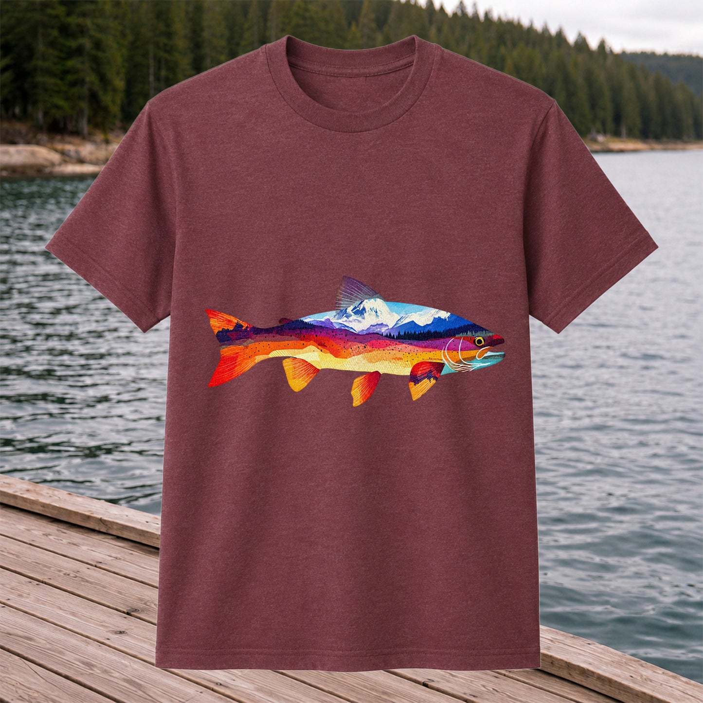 Mountain Sunset Trout Silhouette Fishing Graphic T-Shirt