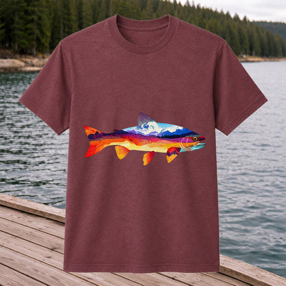 Mountain Sunset Trout Silhouette Fishing Graphic T-Shirt
